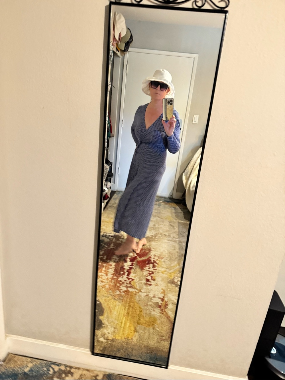 Women's Blue Geometric Open-Front Long Robe - Picture 3 of 13